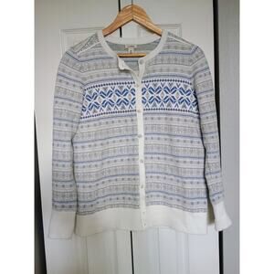 L.L. Bean Women's Fair Isle Cardigan Sweater Blue White Snowflakes quiet Luxury